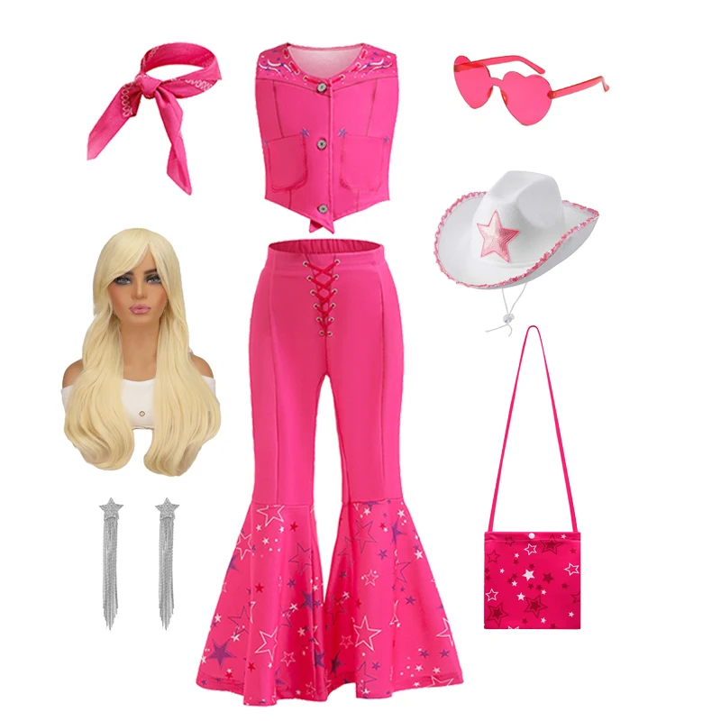 

Movie Barbi Costume for Toddler Girls Margot Robbie Barbe Pink Top and Flared Trousers Suit Kids Halloween Birthday Party Set