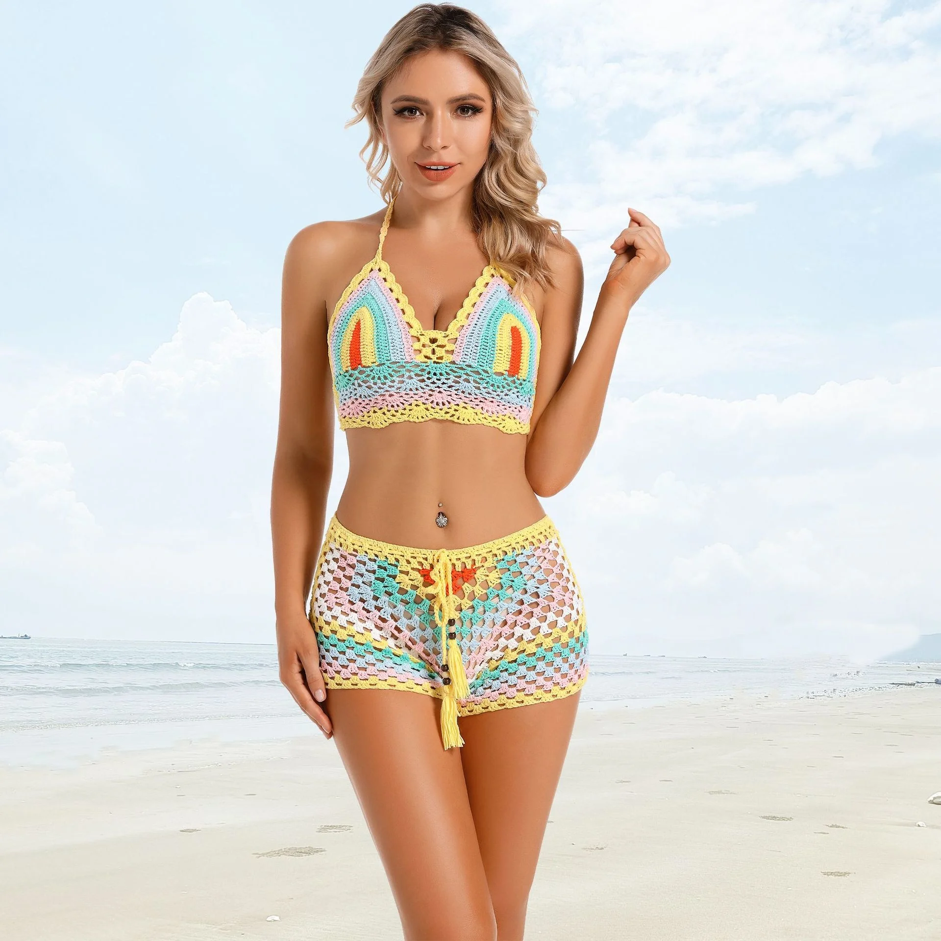 

Bohemian Handmade Crochet Two Pieces Set Ummer Casual Beach Knit 2 Piece Set Solid Backless Camis Crop Top+shorts Outfits