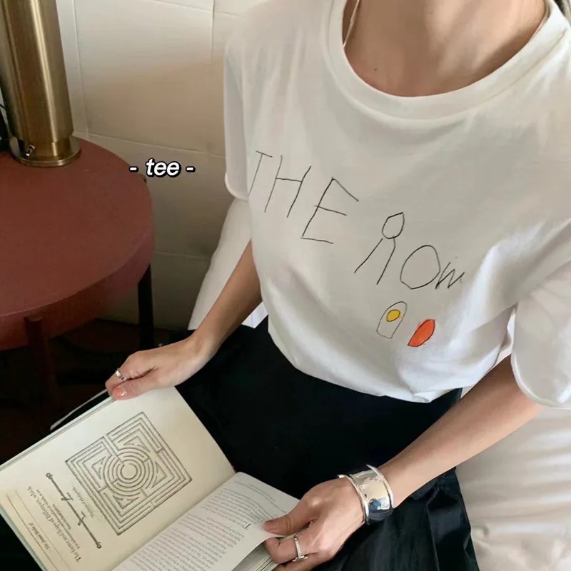 

Minimalist ROW@ Printed Short-sleeved T-shirt Women Spring And Summer 2024 Childlike Hand-painted Graffiti Round Collar Pullover