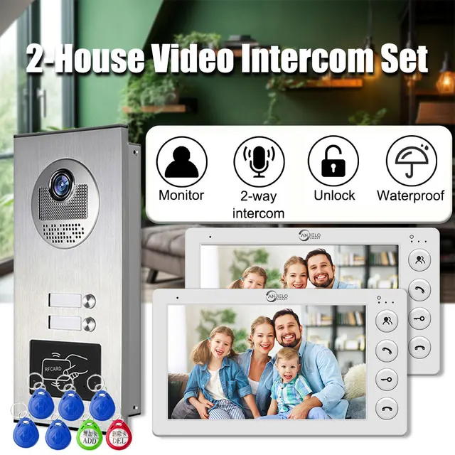 7 Inch 4 Wired Video Intercom for 2 Unit Multi Apartment Video Doorbell with RFID Card Unlock 1