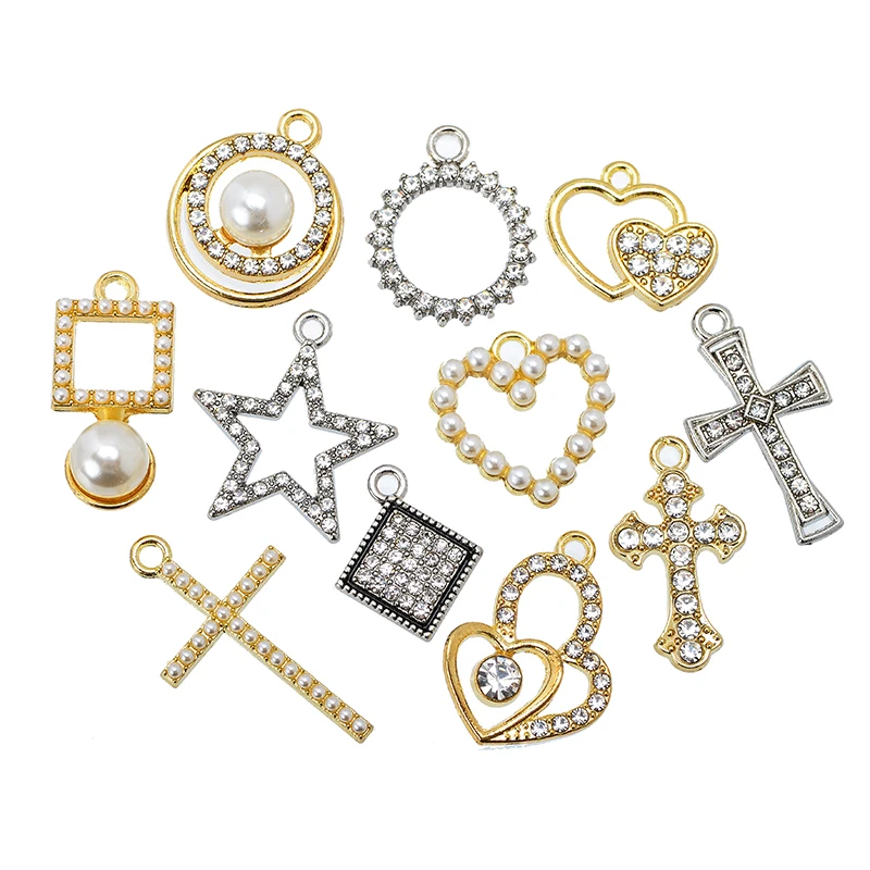 10 Stück neue Stern Herz Kreuz Anhänger Luxus Strass Perle Legierung Charme für Damen Ohrringe Armband Halskette hand gefertigte Lieferungen – Detail 2