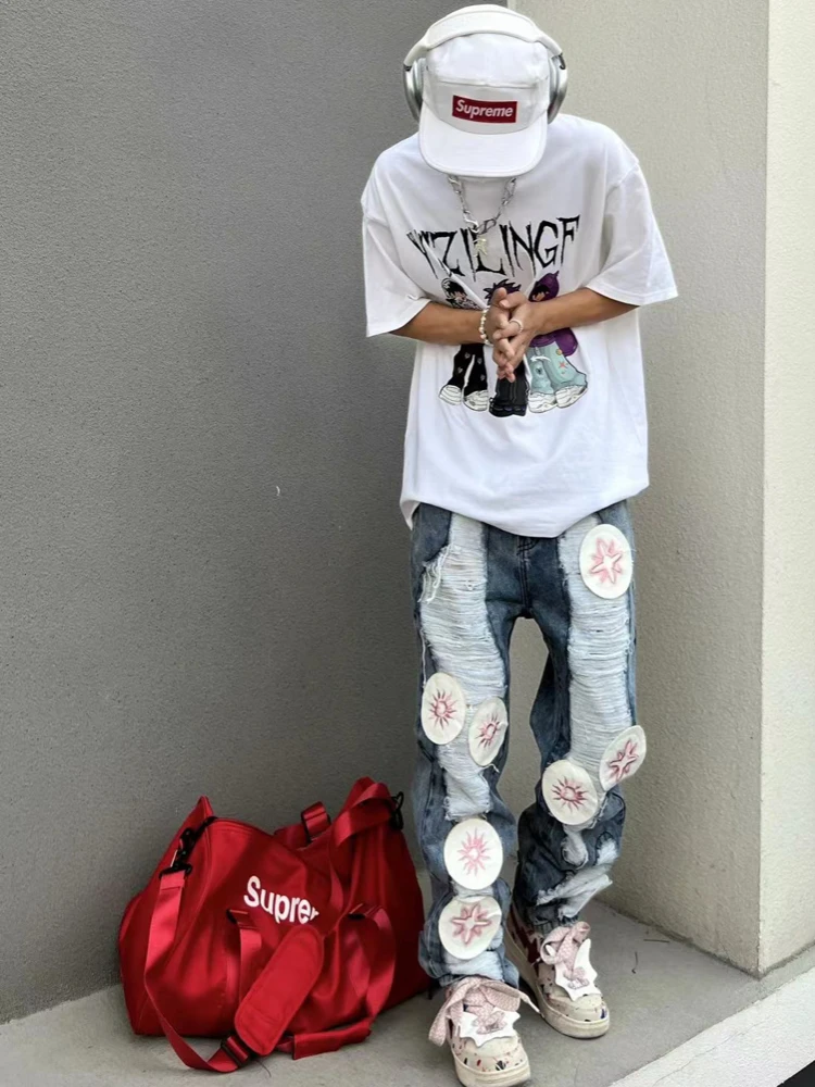Harajuku Y2k Stars Embroidery Patchwork Ripped Holes Denim Jeans  Casual Straight Jean Pants Mens Hip Hop Streetwear Jeans Pants