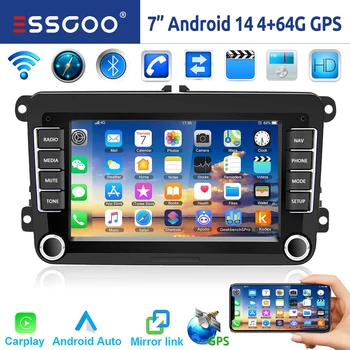 ESSGOO Estéreo de Coche 7" Android 14 4G+64G Apple Carplay GPS NAVI WIFI RDS FM Bluetooth para VW Golf 5 6 Passat Polo 6R Touran Tiguan Caddy EOS Jetta Seat Skoda Pantalla Táctil Mirror Link USB Android Auto ChatGPT 1