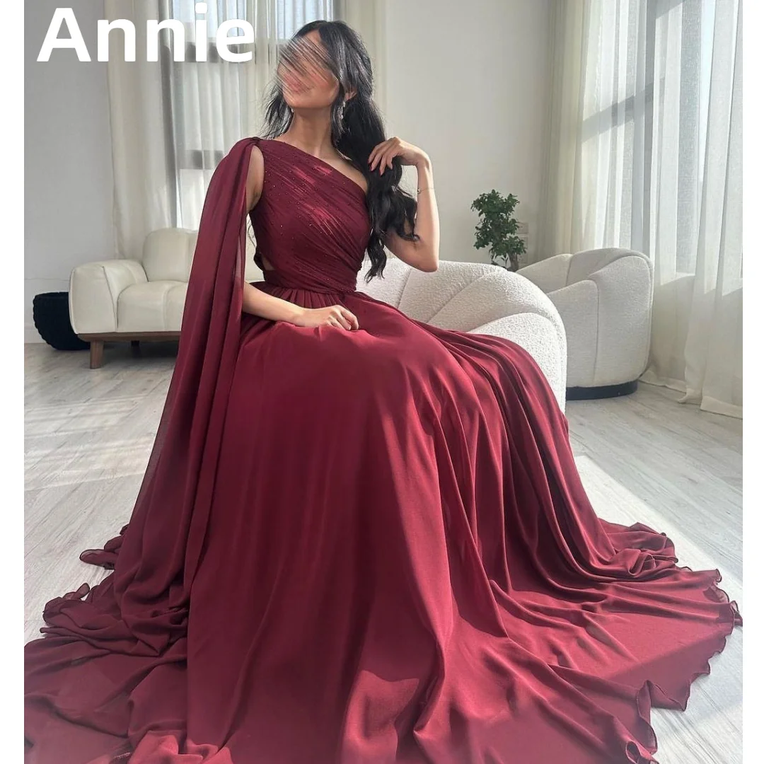 

Annie Elegant Lady Prom Dress فساتين سهره فاخره 2023 One Shoulder Long Sleeve Evening Dress Beaded A-line Red Folds Party Dress