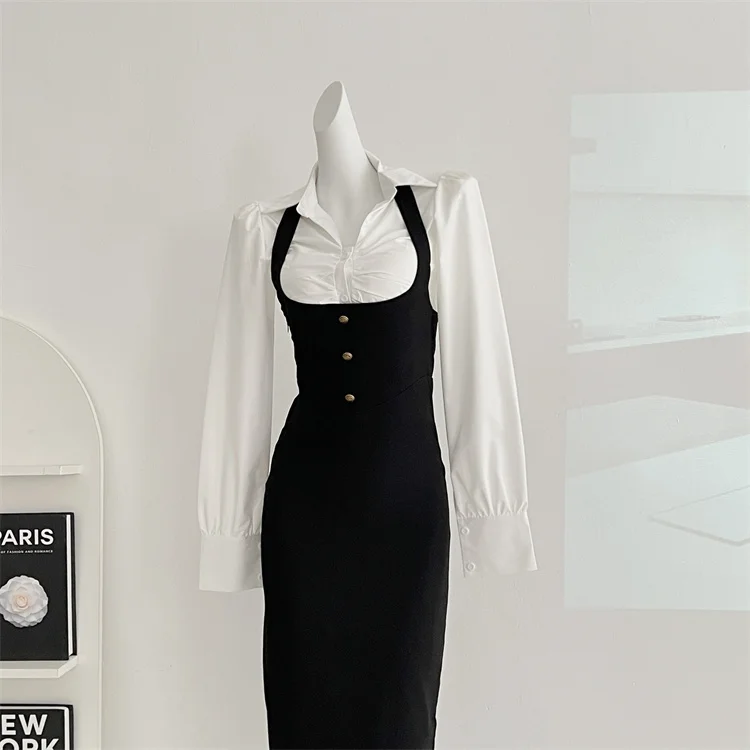 Y2K 3-piece Set Women Crop Coat Blazer White Shirt Halter Sleeveless Bodycon Midi Dress Autumn New Female Korean Chic Outfits