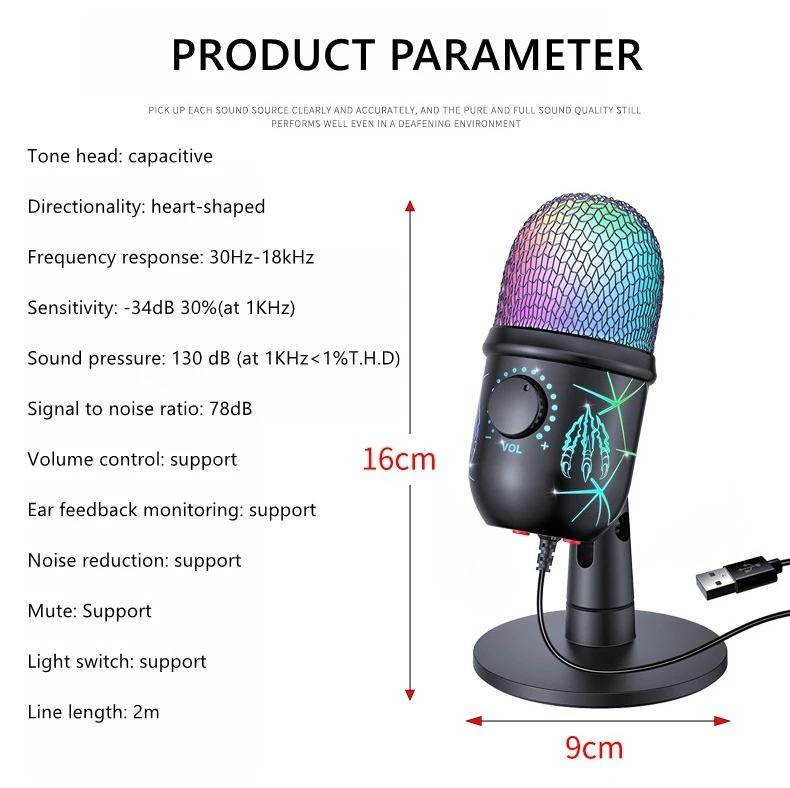 RGB Condenser Microphones with Light Tabletop Mic for Phone Laptop PC Live Streaming Video Record Denoise Gaming Microphone