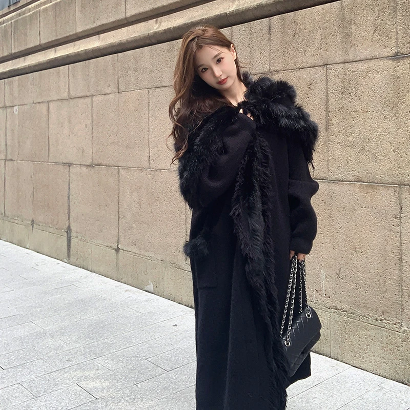 Women's Clothing Large Lapel Sweater Cardigan For Women Autumn Winter 2023 New Style Imitation Fox Fur Long Elegant Knitted Coat
