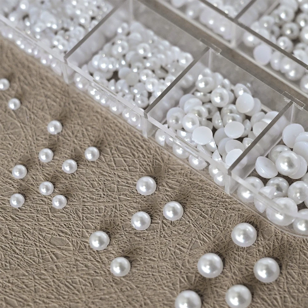 12grids Half Round Pearls Beads 3D Nail Charms 1.5/2/2.5/3/4/5mm White Flatback Pearls Nail Jewelry Nail Craft Pearl Rhinestones 2