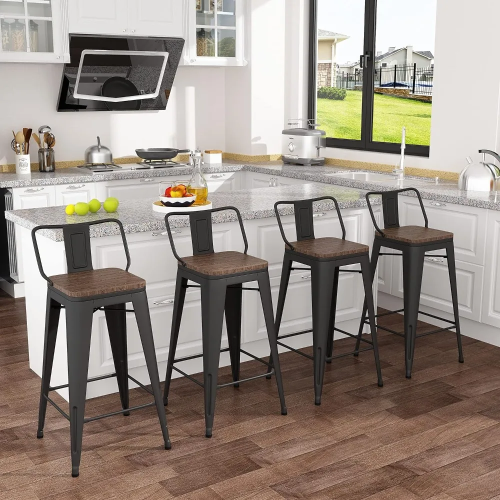 

30" Metal Bar Stools Set of 4 Counter Stools Kitchen Counter Height Stools 30 Inches Dining Chairs Wooden Seat