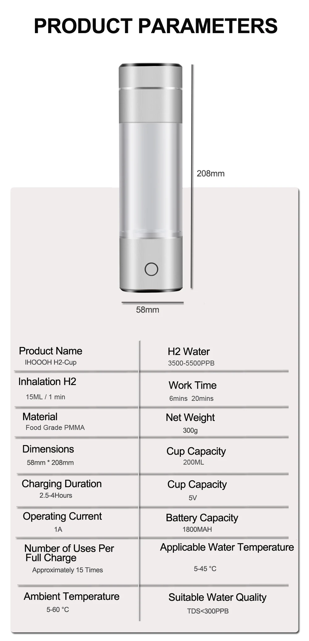 S5e8f214282464ce1a7e8909e31e5a108F 5000PPB Hydrogen Water Generator Anti-Aging IHOOOH H2-Cup Electrolysis Ionizer Rechargeable Mini Hydrogen Concentrators Pure H2
