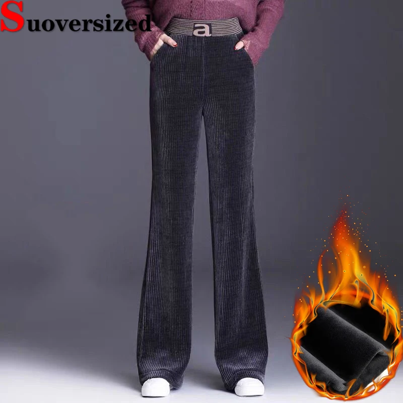 

Winter Corduroy Wide Leg Pants High Waist Warm Women Pantalones Plush Lined Baggy Spodnie Thicken Casual Straight Trousers