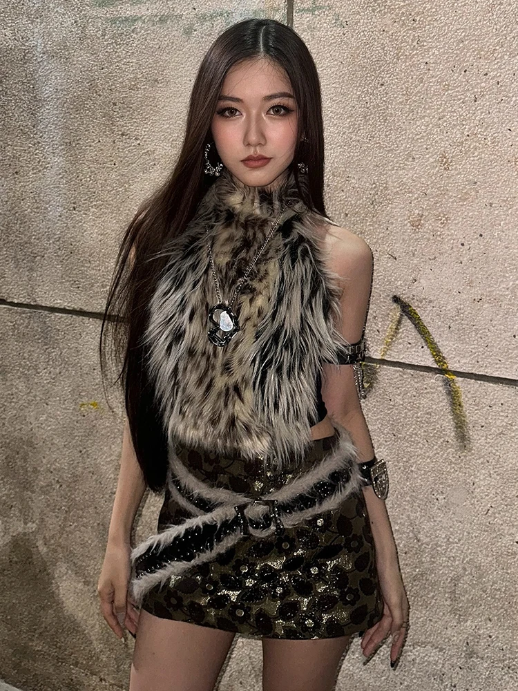 Nibber Hottie Leopard Tassel Tank Tops Women Sexy Furry Patchwork Halter Sleeveless Stretch Coquette Midnight Party Clubwear