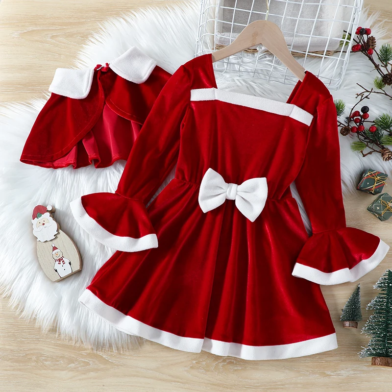 

1-6Y Kids Grils Autumn Winter Clothes Set Baby Flare Long Sleeve Square Neck Dress + Cloak Outerwear Children Party Dress Outfit