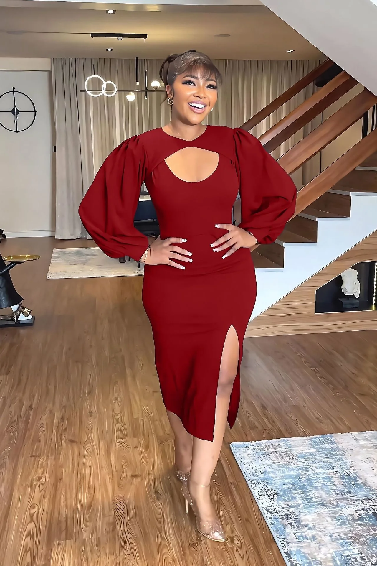 

Cutubly Elegant Red Dresses For Women Summer Long Sleeve Sexy Cut Out Bodycon Midi Split Vestidos New Ladies Club Evening Party