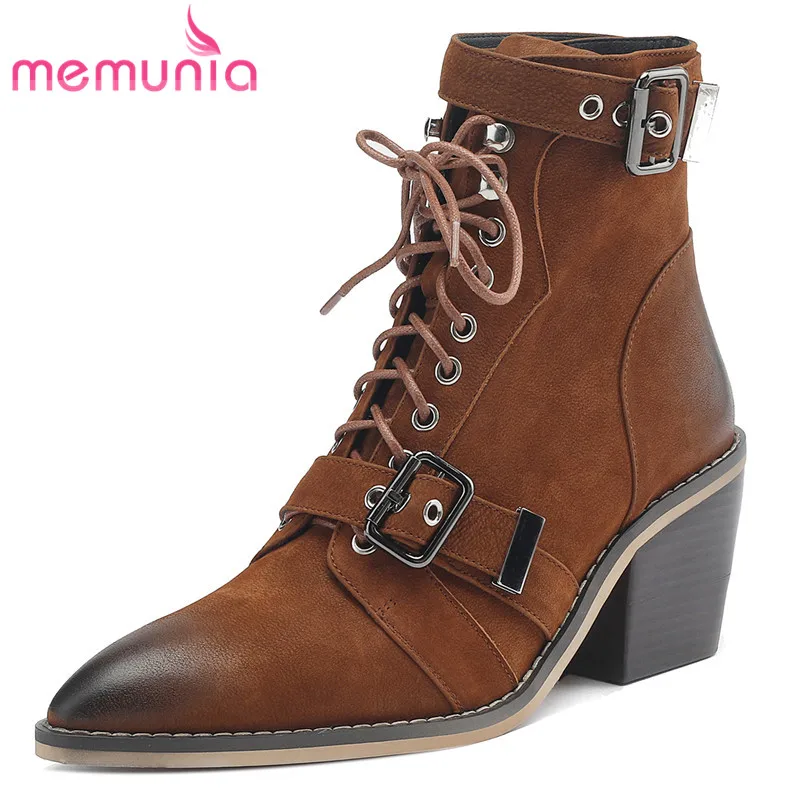 

MEMUNIA 2023 Size 34-43 New Lace Up Genuine Leather Ankle Boots Women Square High Heels Shoes Buckle Ladies Retro Winter Boots