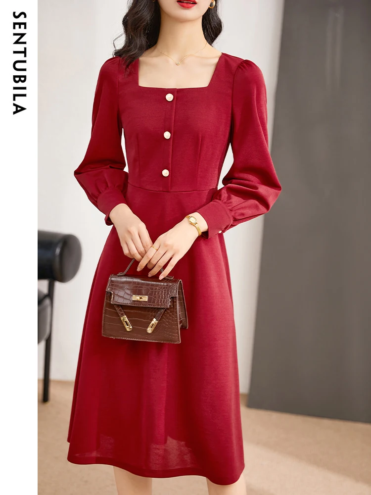 

SENTUBILA French Elegant High Waist Midi Dress Women 2023 Fashion Solid Square Collar Long Sleeve A-line Tea Dresses Q13L38651