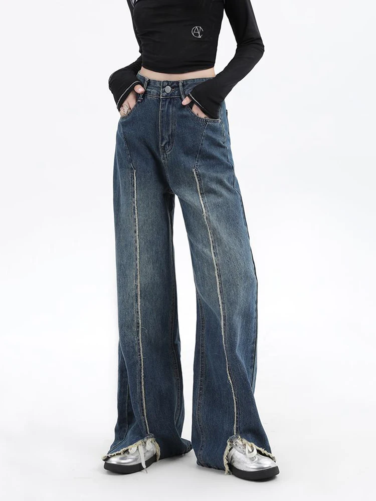 Vintage Women Boyfriend Ripped Split Jeans Distressed Straight Leg Denim Pants Loose Baggy Trousers Trend Y2K Fashion Streetwear
