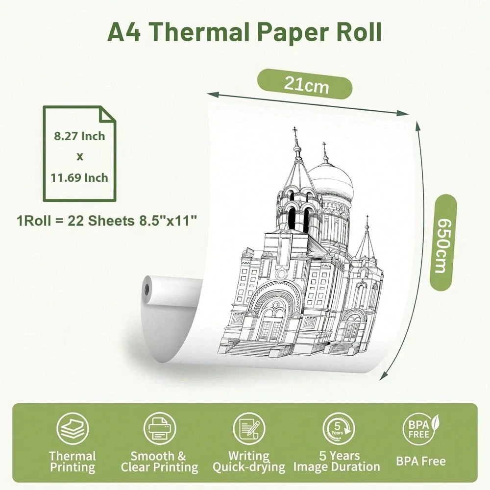 1/5롤 A4 감열지 롤 퀵 드라이 페이퍼 투명 인쇄 감열 인쇄 용지 휴대용 A4 감열 프린터에 적합