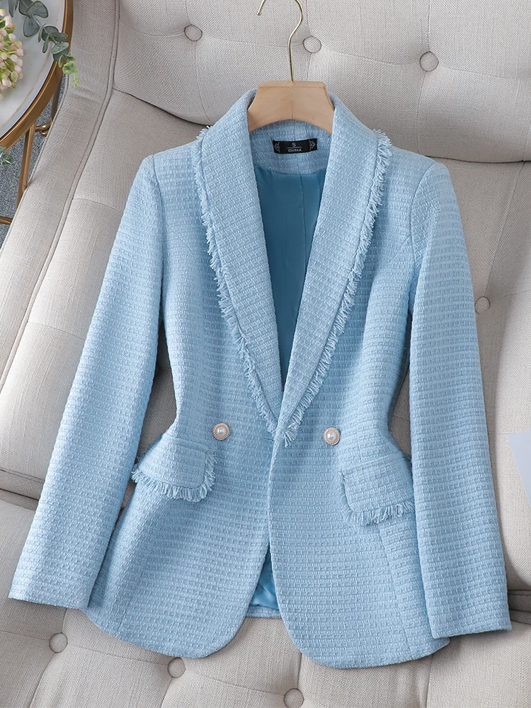 

Autumn Winter Outwear Casual Blazer Women Ladies Jacket Pink White Blue Female Slim Long Sleeve Single Breasted Coat Blazer