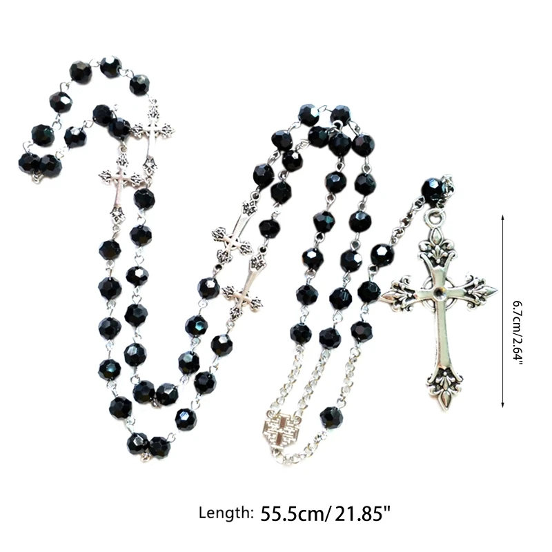 Presents Black Crystal Rosary Necklaces Long for Cross Decor Gift for Teen Women