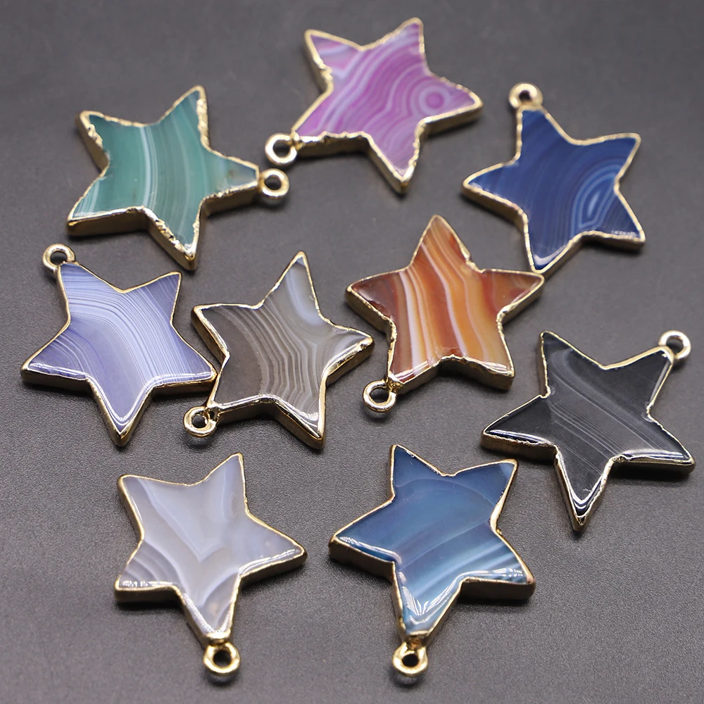 

New Natural Stone Slice Agate Pendants Gilded Edge Pentagram Star Shape Reiki Charms Making DIY Jewelry Necklace Bracelet 10Pcs