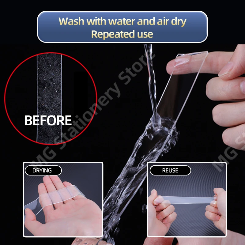M&G Nano Double Sided Tape Transparent Reusable Waterproof Adhesive Tapes Cleanable Kitchen Bathroom Supplies Household Use