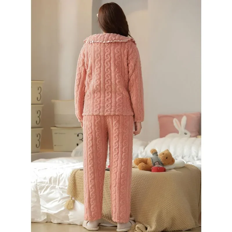 2024 New Coral Velvet Pajamas Women Winter Thickened Loungewear Autumn Flannel Homewear Suit Lapel Loose Warm Fleece Sleepwear