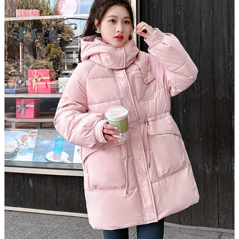 New Down Cotton Puffer Jacket Winter Coat Women Thick Warm Hooded Pocket Parka Korean Mid-length Cotton Jacket Long Sleeve Coats winter women long down jacket parka female cotton hooded coat puffer quilted thick warm clothes windproof high street 18 253