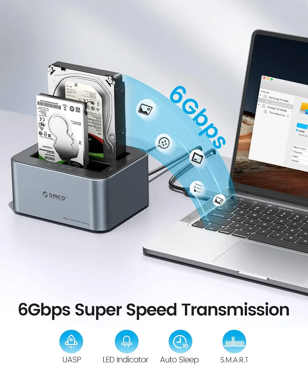 ORICO 하드 드라이브 도킹 스테이션, 오프라인 클론 기능 탑재, 알루미늄 합금 듀얼 베이 USB C - SATA 하드 드라이브 도크 (2.5 또는 3.5 HDD용)