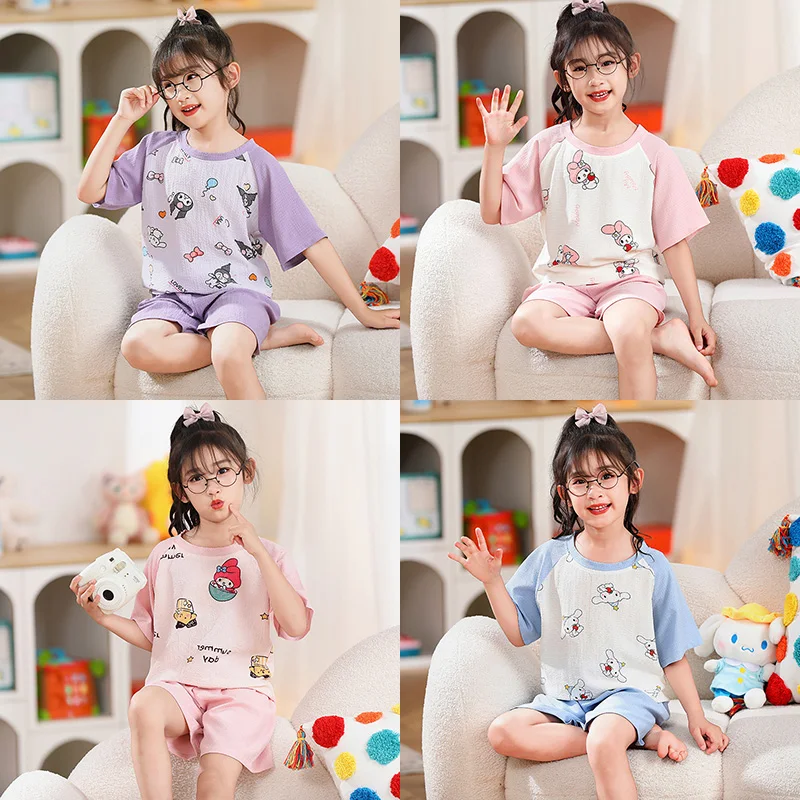 

2024 Summer Children's Pajamas Sets Kids Sleepwear Kawaii Anime Cinnamoroll Kuromi My Meldoy Boy Pijamas Girl Home Clothing Gift