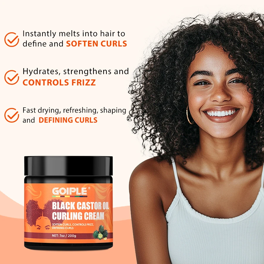 GOIPLE 200g Black Castor Oil Curling Cream Moisturizing Nourishing Cream Curl Soft Styling Product Curl Elastic Enhancer & Brush