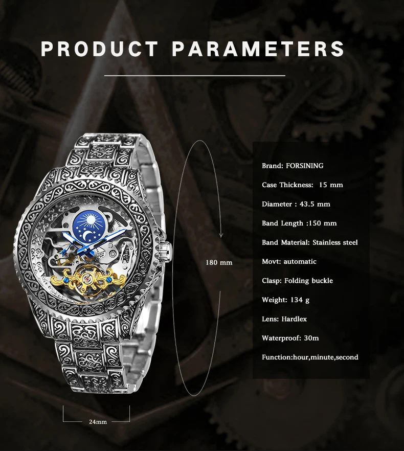 FORSINING Orologio da uomo vintage con intaglio, automatico, meccanico, scheletrato, con fasi lunari, luminoso, di lusso._voghion.com