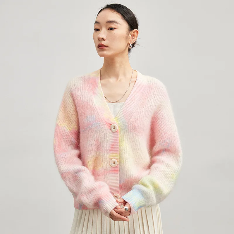 

Fall in love at first sight dizzy dyed wool mohair knitted cardigan women in autumn lazy and loose fitting sweater jacket A09713