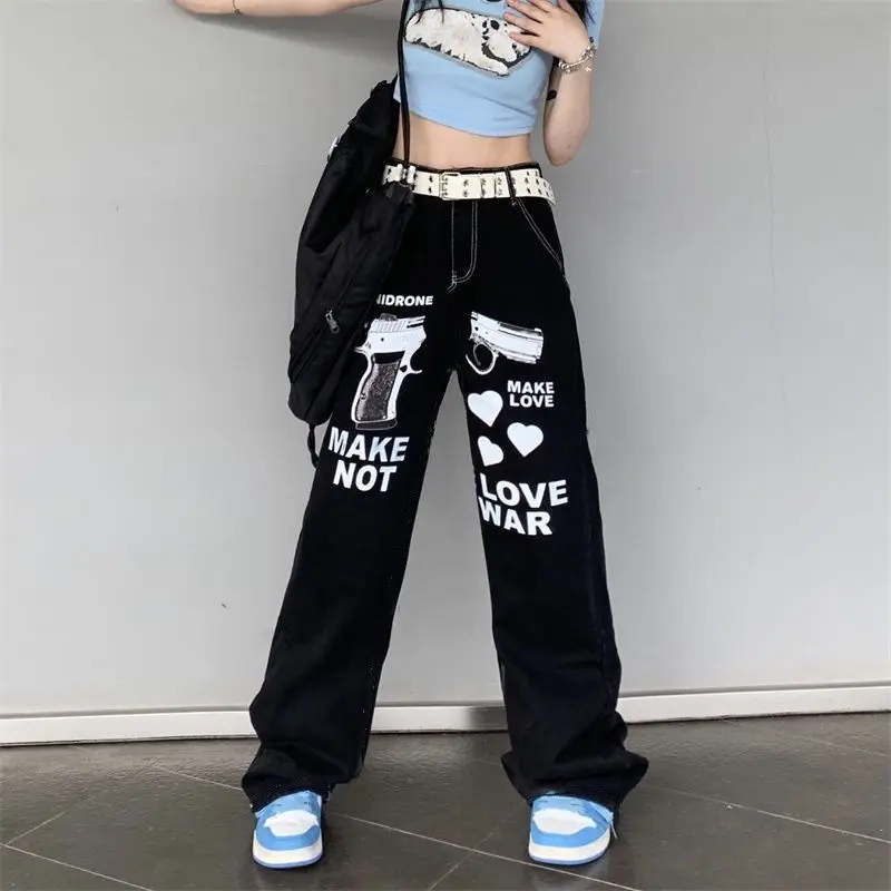 Streetwear Fashion Women Black Wide Leg Jeans Spring Autumn Hip Hop Print Pants High Waist New Female Chic Casual Loose Trousers