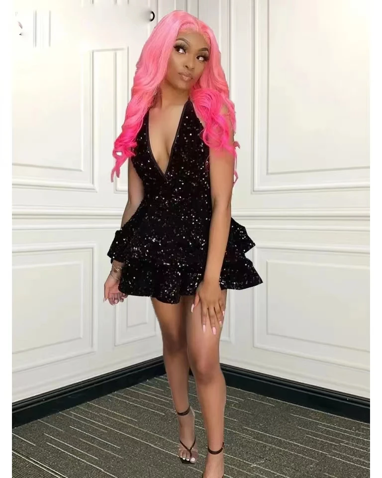 

Черные блестящие короткие юбки с V-образным вырезом, юбка в несколько рядов, растягивающиеся вечерние платья для дня рождения