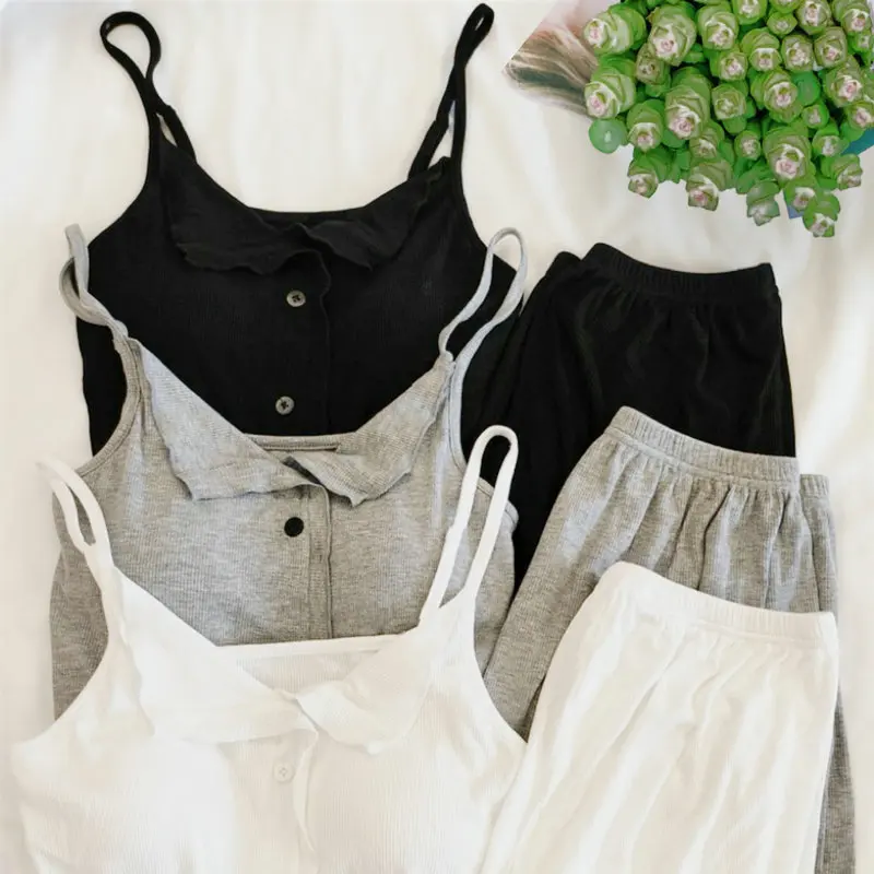Sexy Cotton Sling Top Shorts Set Bra Pad Sleepwear Pajamas for Women Home Wear Nightwear women pajamas set,women pajama suit,cotton pajamas set
