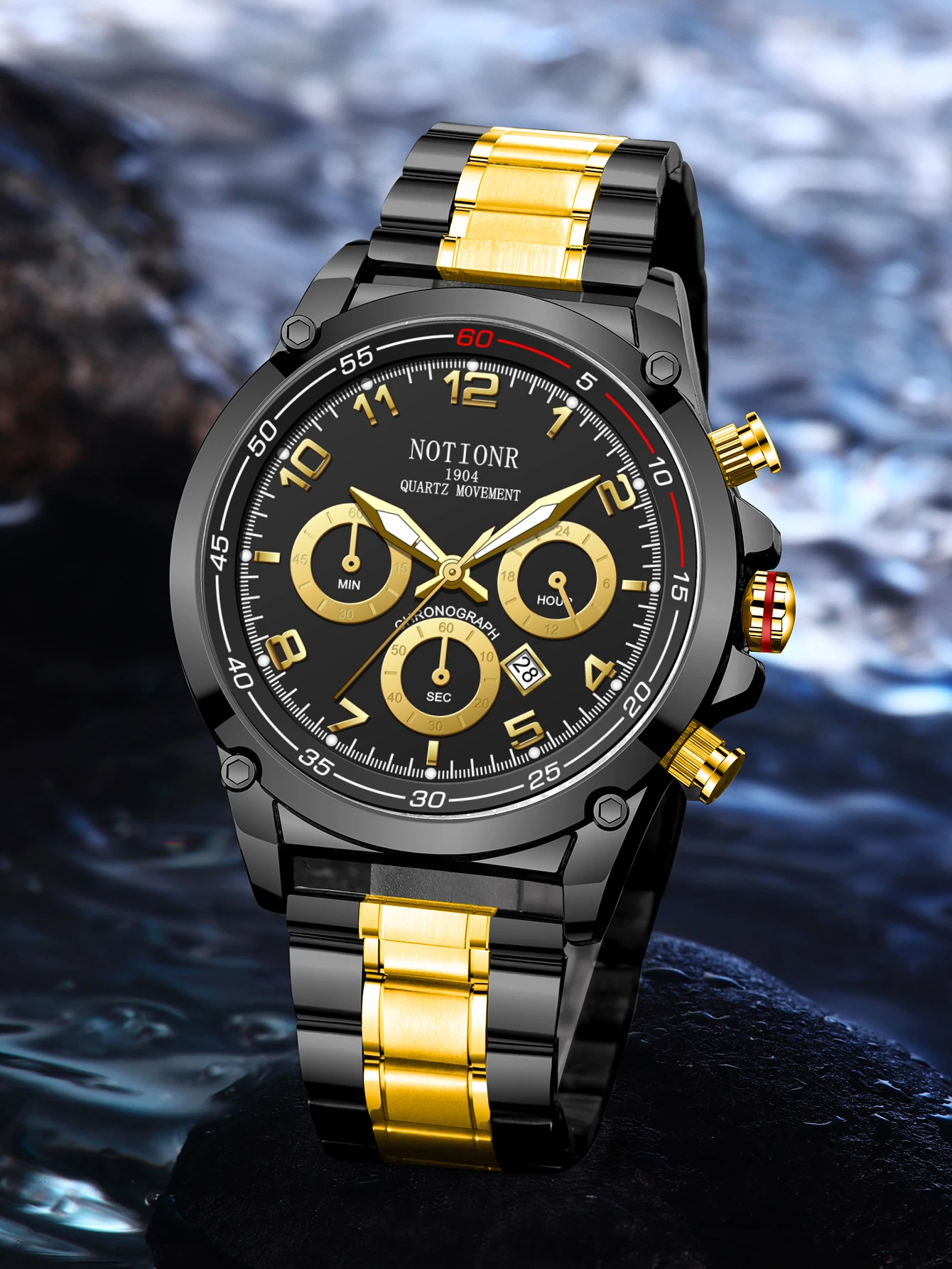 NOTIONR Hot Selling Men's Fashion Watch Black Gold Luxury Men's Business Watch Men's Stainless Steel Quartz Night Light 5