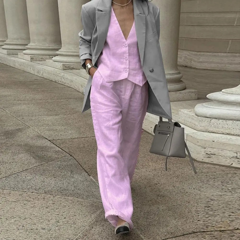 Women's Vest ＆ Pants Suit Cotton Office Lady Two-Piece Outfit V-Neck Sleeveless Top Loose-Fit Pants Summer Womens Outfits