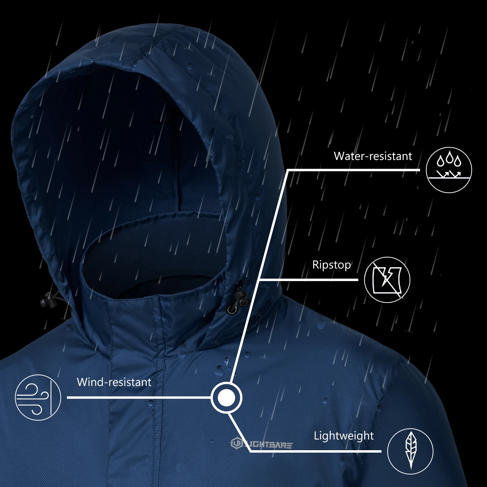 Lightbare Series Men Ripstop Rain Coat Water Resistant With Storage Bag Spliced Color Roomy Pockets Inside LB02M