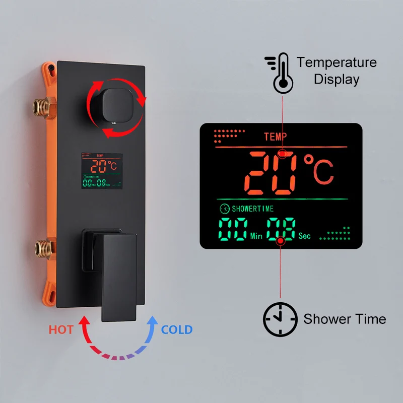 Description Picture 5 of itemShinesia Black LED Concealed Shower Faucet Rainfall Shower System Set Ceiling Mount Digital Display Bathroom Shower Mixer Tap