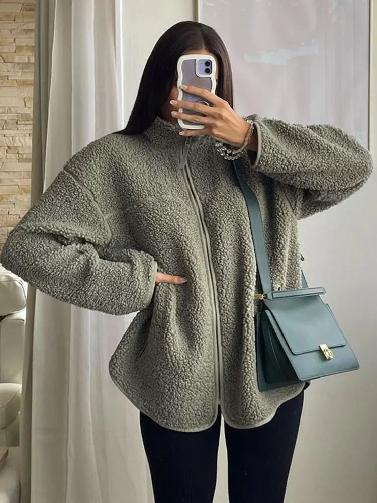 

Elegant Lamb Wool Teddy Jacket Women Fashion Loose Stand Collar Long Sleeve Zipper Coat 2023 Winter Casual Warm Streetwear