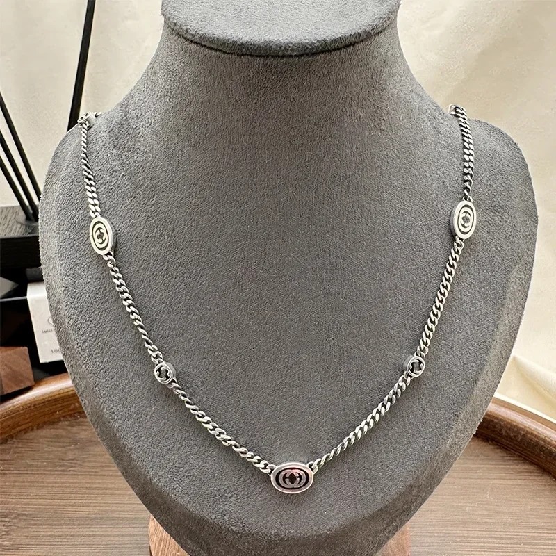 925 Vintage Black Rubber Side Chain Necklace Pendant