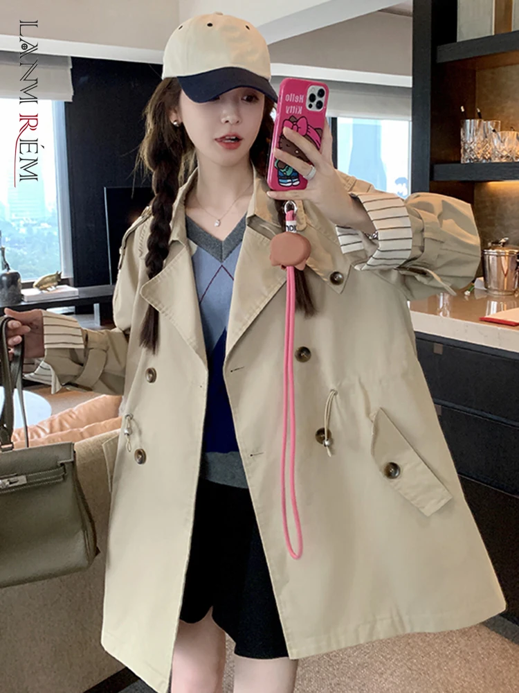 

LANMREM Korean Style Spliced Windbreaker Women Lapel Drawstring Gathered Waist Double Breasted Coat 2023 Autumn New 2AA2576