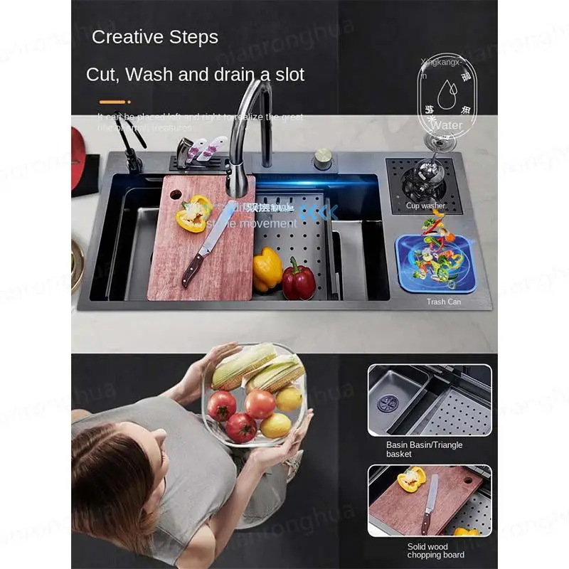 Garbage Can Honeycomb Waterfall Sink Kitchen Stainless Steel