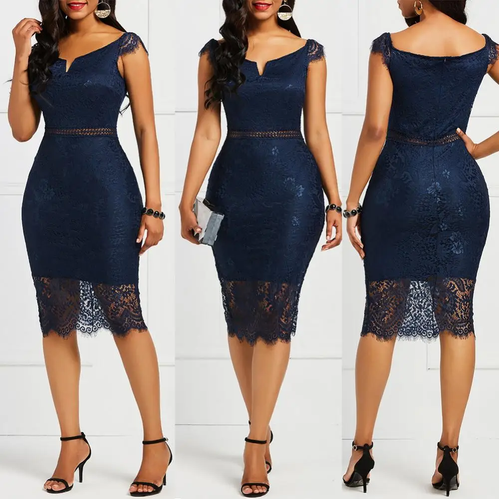 

Evening Party Women Sexy Off Shoulder V Neck Hollow Lace Bodycon Midi Dress