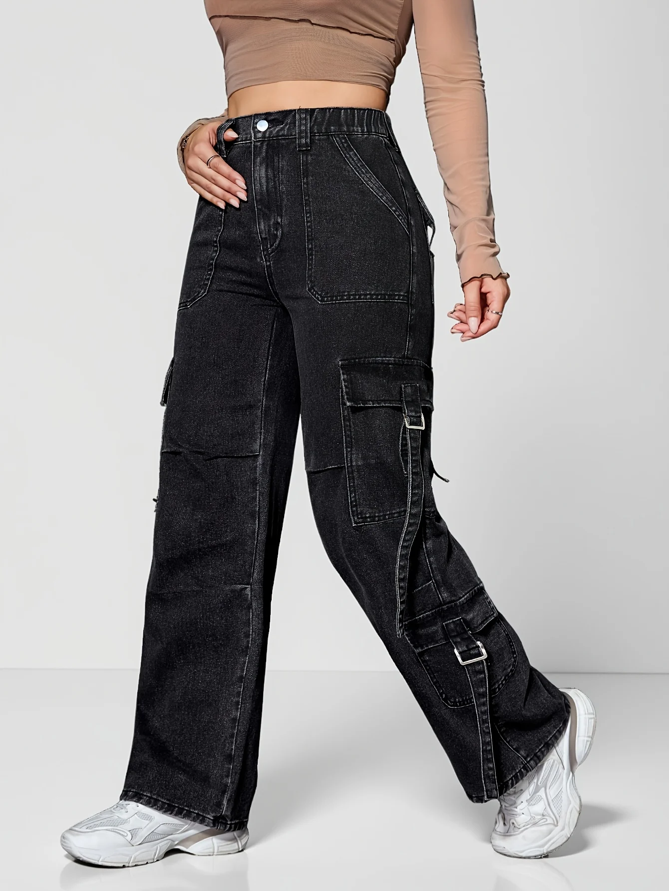 Jean de travail pour femmes avec poches à rabat, taille élastique, poches multiples, jean de travail multifonctionnel taille moyenne à jambes larges
