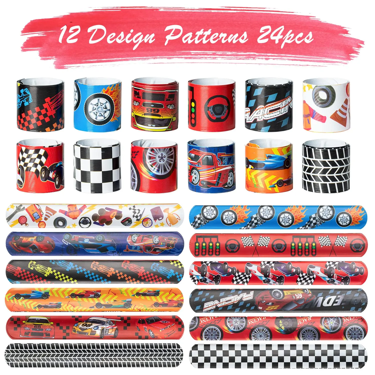 

24PCS Race Car Slap Bracelets Kids Birthday Party Favors Racing and Speed Themed Wristband Checkered Flags Slap Classroom Reward