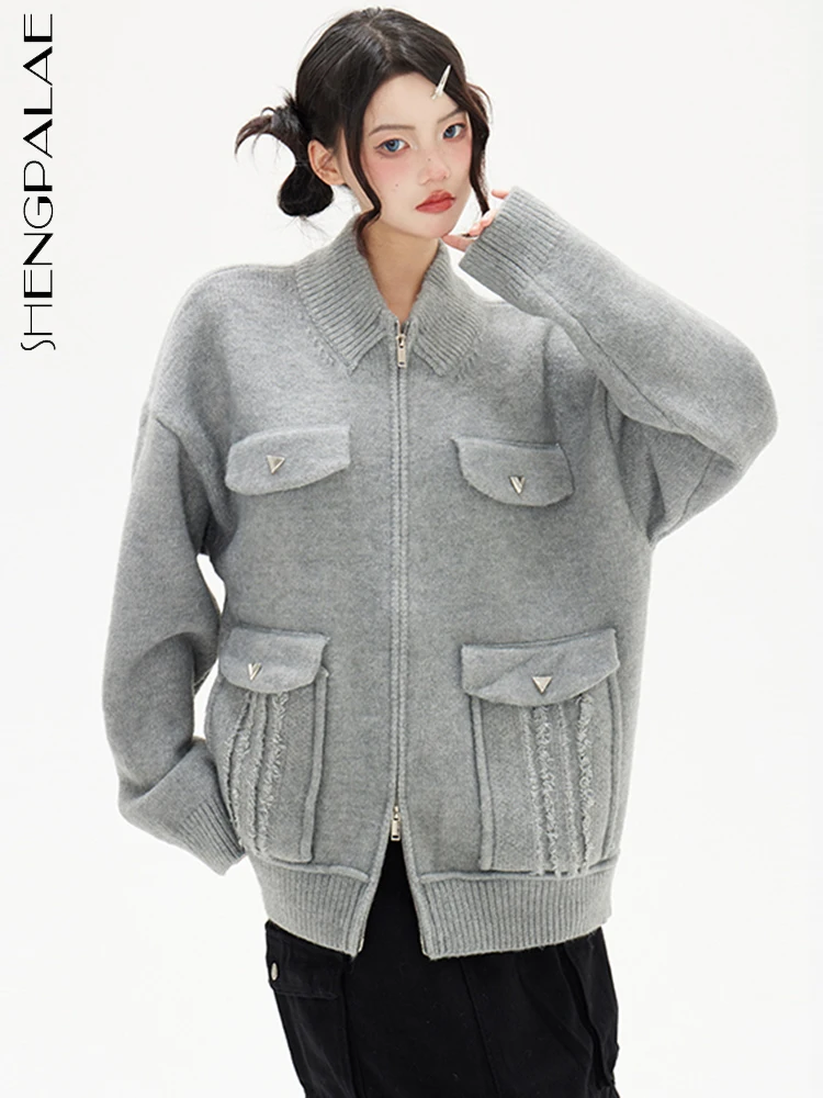 

SHENGPALAE Winter Fashion Knit Cardigan Coat For Women 2023 New Pocket Patchwork Solid Color Zipper Sweater Jacket Female 5R8386