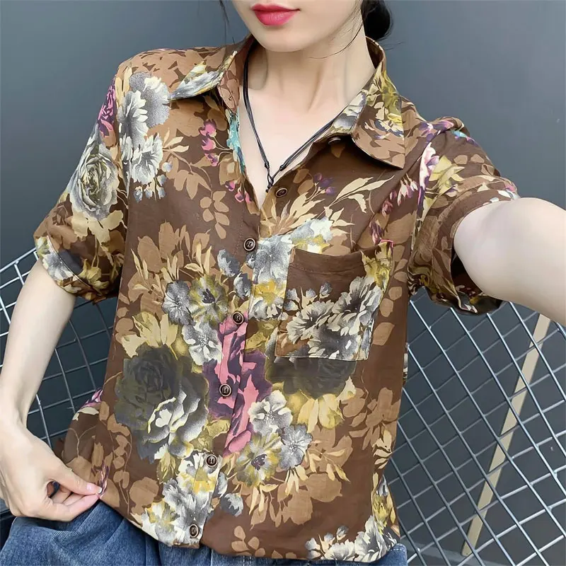 Women's Clothing Turn-down Collar Blouse Vintage Floral Printed Summer Short Sleeve Casual Stylish Pockets Spliced Button Shirt
