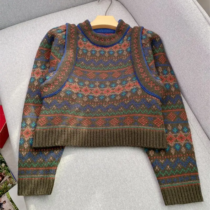 

Classic Contrasing Jacquard Vintage Fashion Women Sweater O-Neck Long Sleeve Slim Short Knitted Pullover High End Brand Clothes